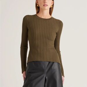 Quince Ribbed Shirt Women’s Medium Olive Green Cotton Cashmere Long Sleeve
